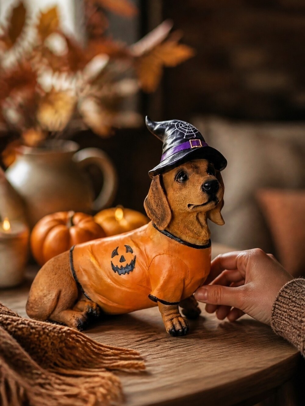 NWT Halloween Dachshund Figurine – Pumpkin Sweater & Witch Hat Décor 🧡🎃🐾